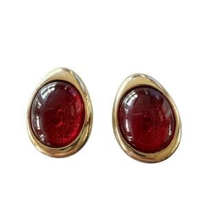 Vintage Avon Goldtone Red Gemstone Clip Earrings Oval Shaped